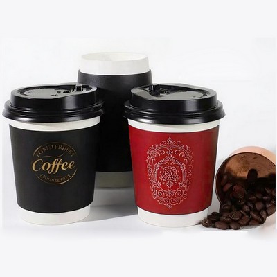 8 oz Disposable Double-Walled Paper Coffee Cups w/ Lids